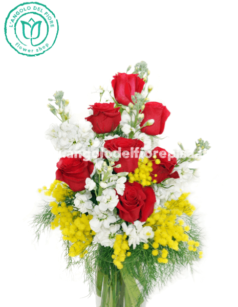 Bouquet lungo con 7 rose rosse, altri fiori e mimosa