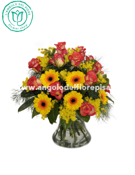 Bouquet di rose miste gerbere e mimosa
